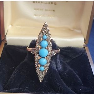 Antique 10k rose gold Turquoise & diamond navette ring!  This is about a 5 3/4 a